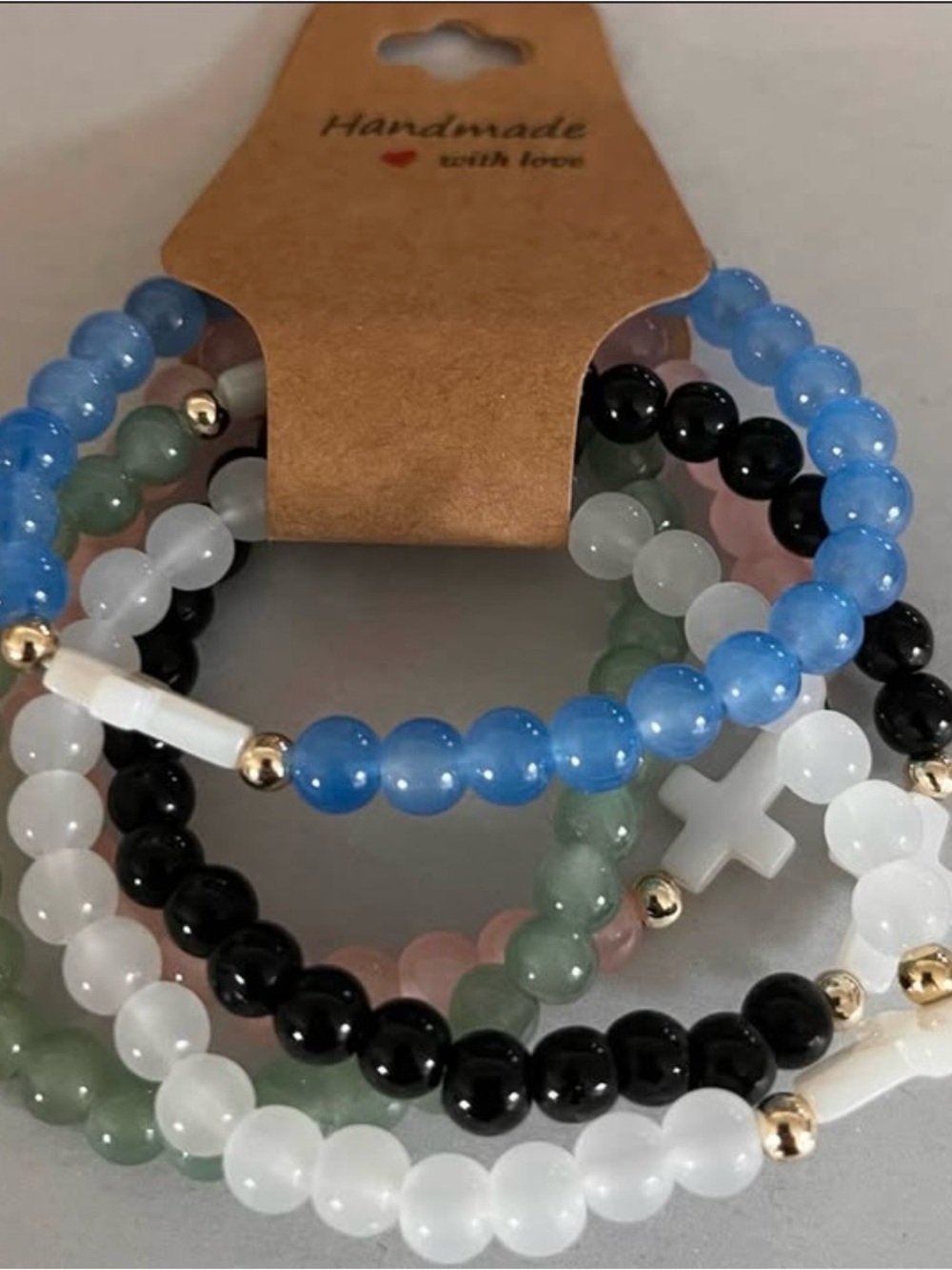 Handmade Blue Beaded Stretch Bracelet with Gold Accents